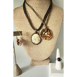 4 Piece Boho Jewelry Bundle - Leather Cords, Stone & Shell Pendants, Ring